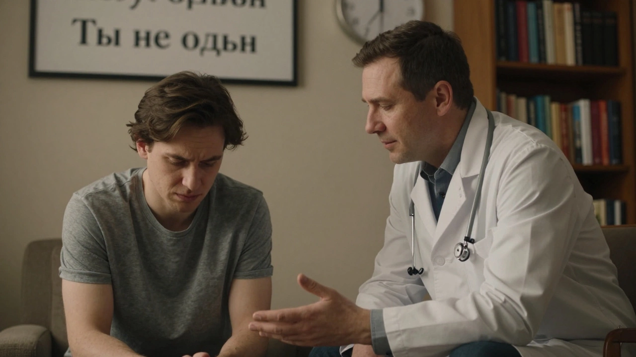 Психолог внимательно слушает клиента в кабинете, утро, мягкий свет, атмосфера доверия.