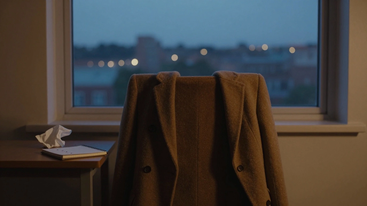 Пустое кресло у окна с пальто и салфеткой — символ начала пути к исцелению.