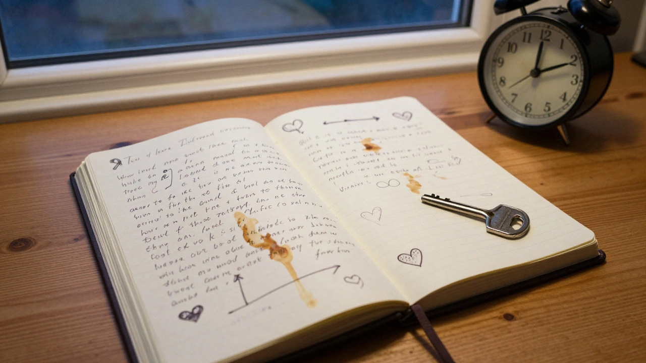 Раскрытый дневник с записями, кофейным пятном и ключом — символ внутренней работы.