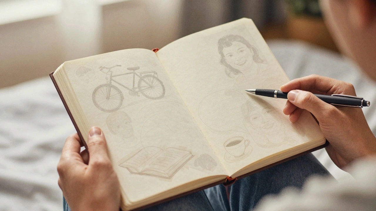 Руки держат открытый дневник с тусклыми воспоминаниями, просвечивающими сквозь страницу.