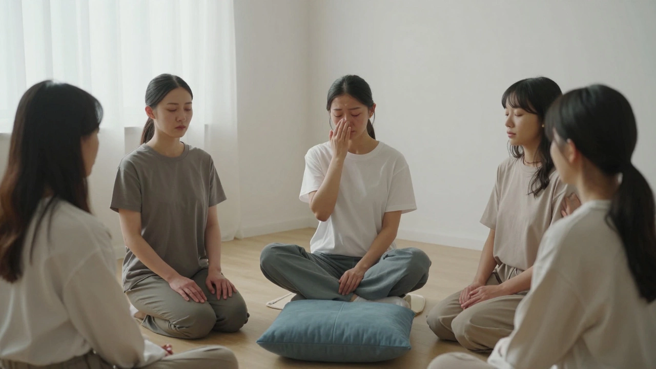 Терапевтическая группа в тишине, один человек держит руку другому на плече.