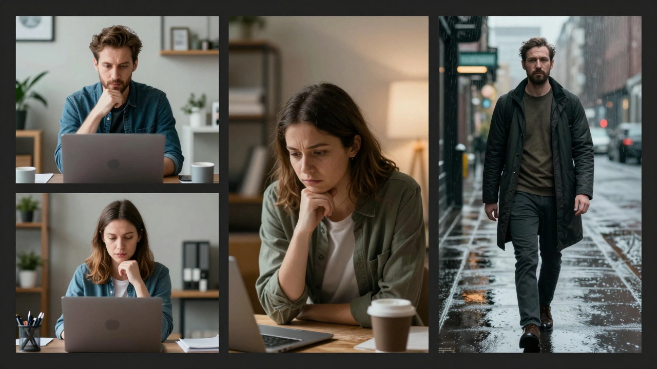 Три человека в разных форматах терапии — онлайн, оффлайн и на улице — все с одинаковым выражением размышления.