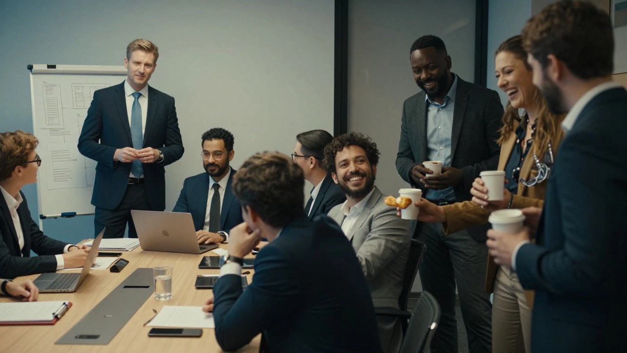 В офисе: формальная команда на совещании и неформальная группа за кофе.