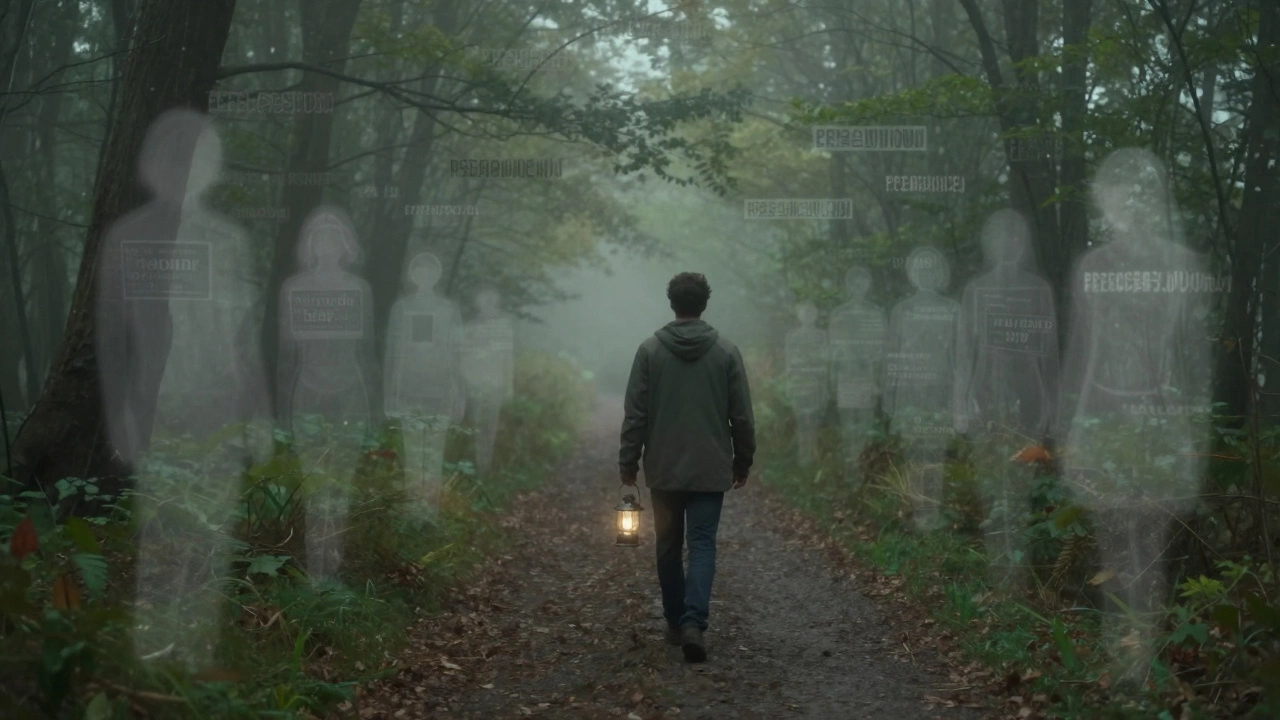Человек идет по туманному лесу с фонариком, вокруг него — полупрозрачные фигуры прошлого.