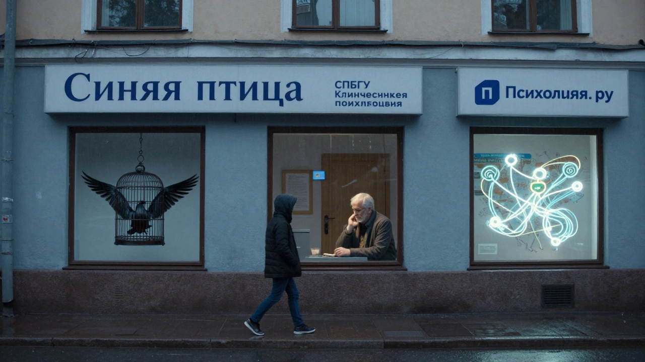 Человек идёт по улице в Санкт-Петербурге, мимо трёх центров психологической помощи.