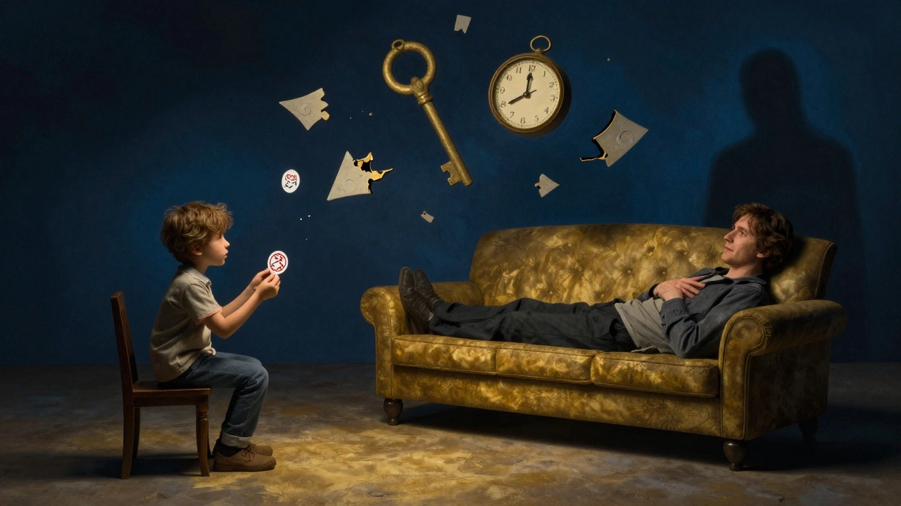 Человек на кушетке в тени, вокруг него — фрагменты снов, на другом конце — ребенок получает награду.