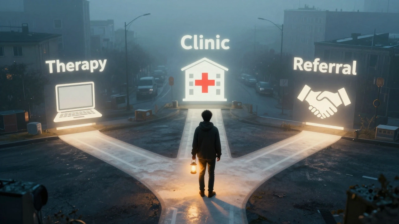 Человек на перепутье в тумане, три светящихся пути к разным форматам психологической помощи.