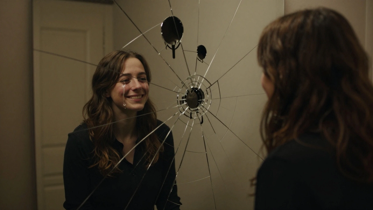 Человек смотрит в треснувшее зеркало, где его отражение разбито на несколько искаженных версий.