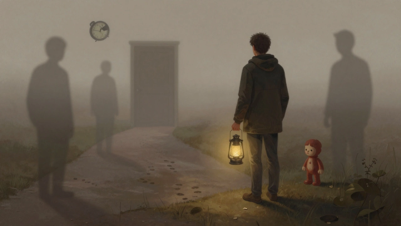 Человек стоит на туманной тропе с фонарём, позади — тени прошлого, впереди — едва видимый путь.