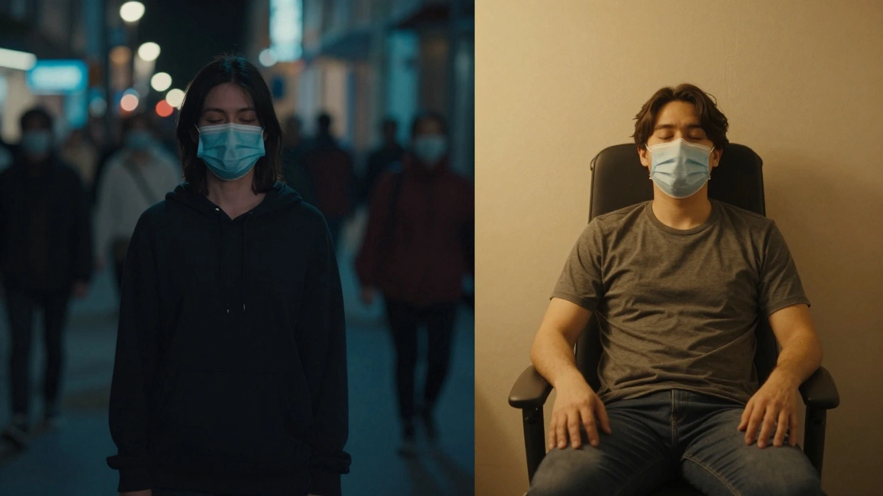 Два образа одного человека: с маской в городе и без нее в терапевтическом кресле.