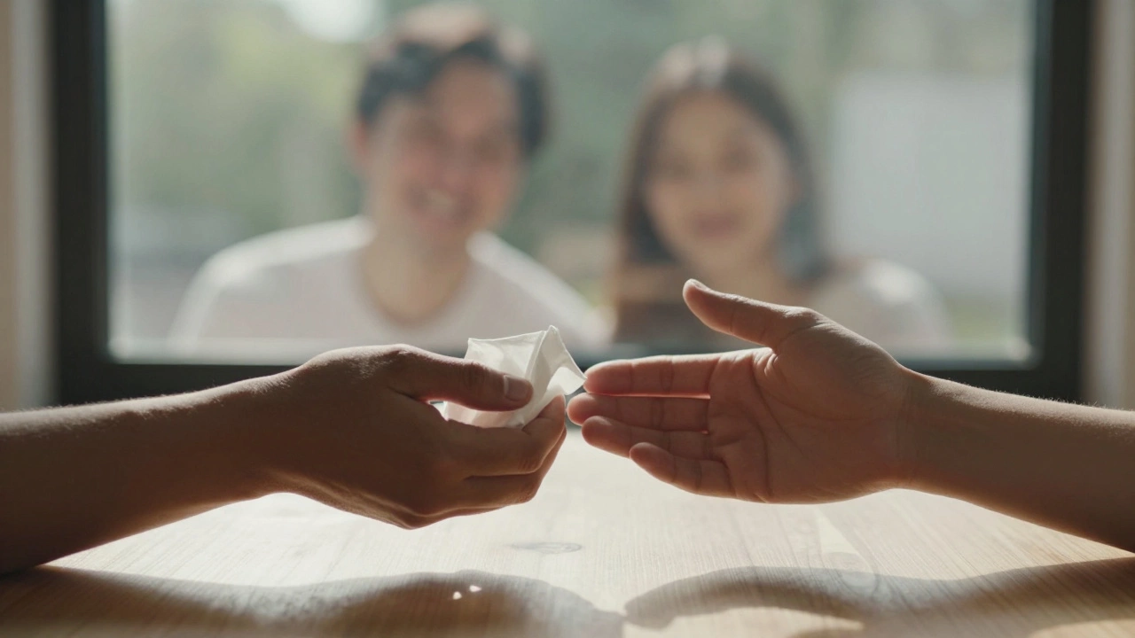 Две руки почти касаются друг друга через стол, одна держит смятый платок, другая — тёплый жест поддержки.