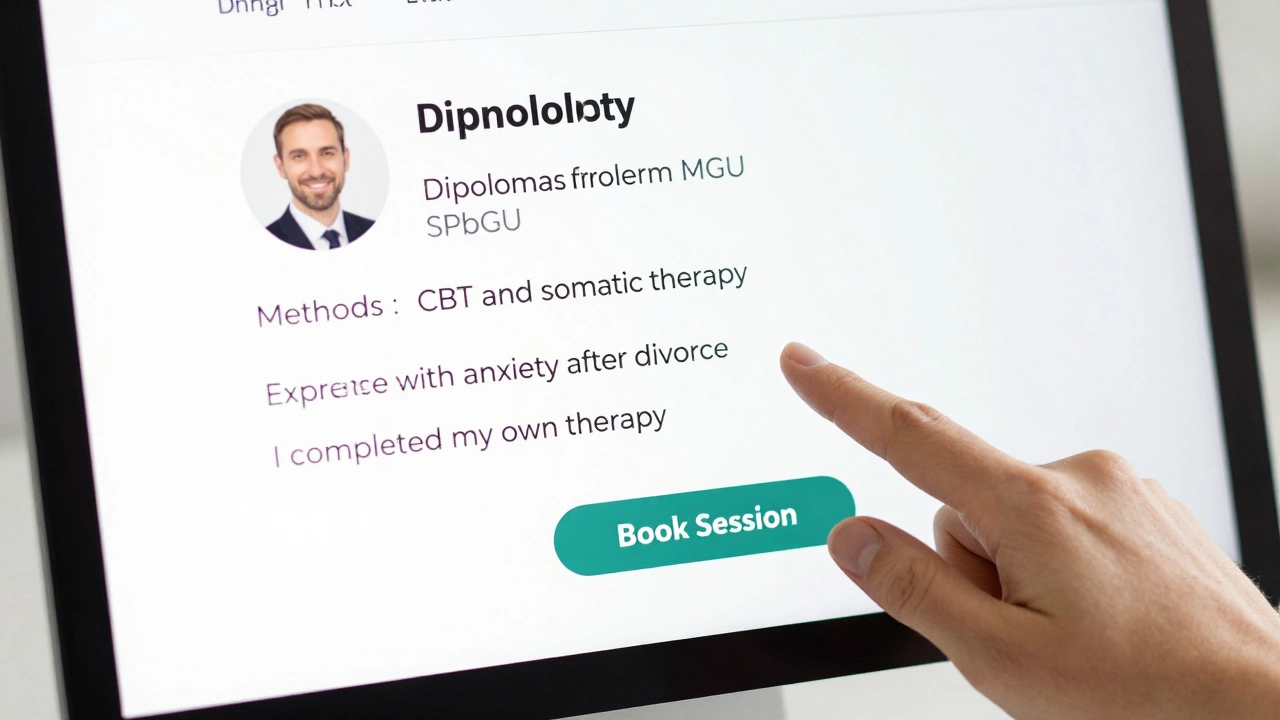Экран компьютера с честным профилем психолога: дипломы, методы и опыт, рука над кнопкой записи.
