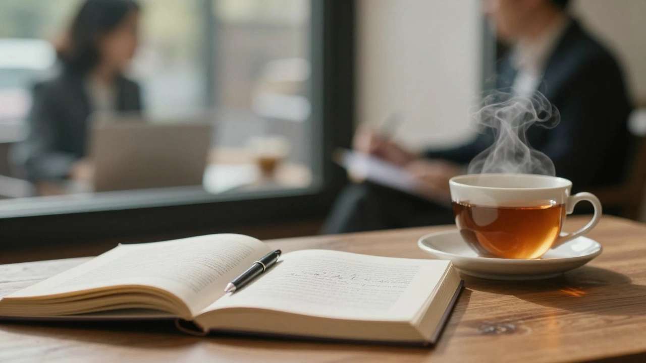 Открытый дневник с незавершенными словами и чашка чая на столе в кабинете терапевта.