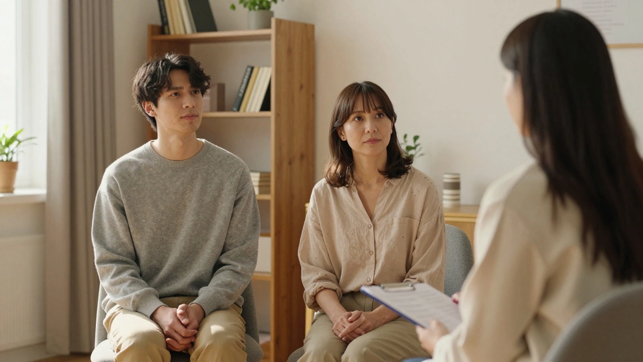 Психотерапевт и клиент сидят в спокойной обстановке, разделяя тишину в безопасном пространстве.