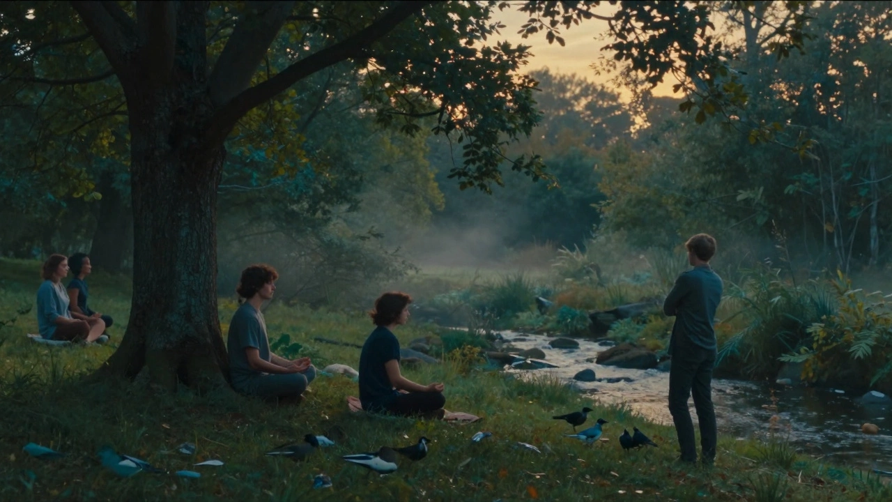Трое людей в лесу на закате: медитируют, наблюдают за природой, в тишине.