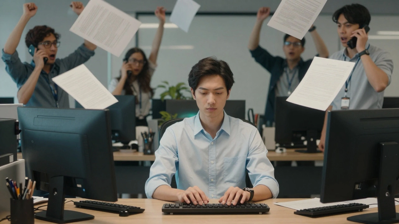 В хаотичном офисе один человек остаётся спокойным, спокойно работая за столом.
