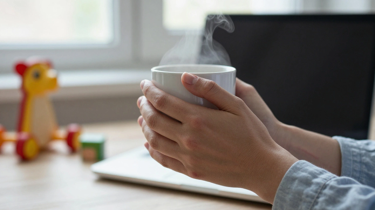 Женщина держит кружку кофе, на запястье едва заметен след, за ней — игрушка и ноутбук.