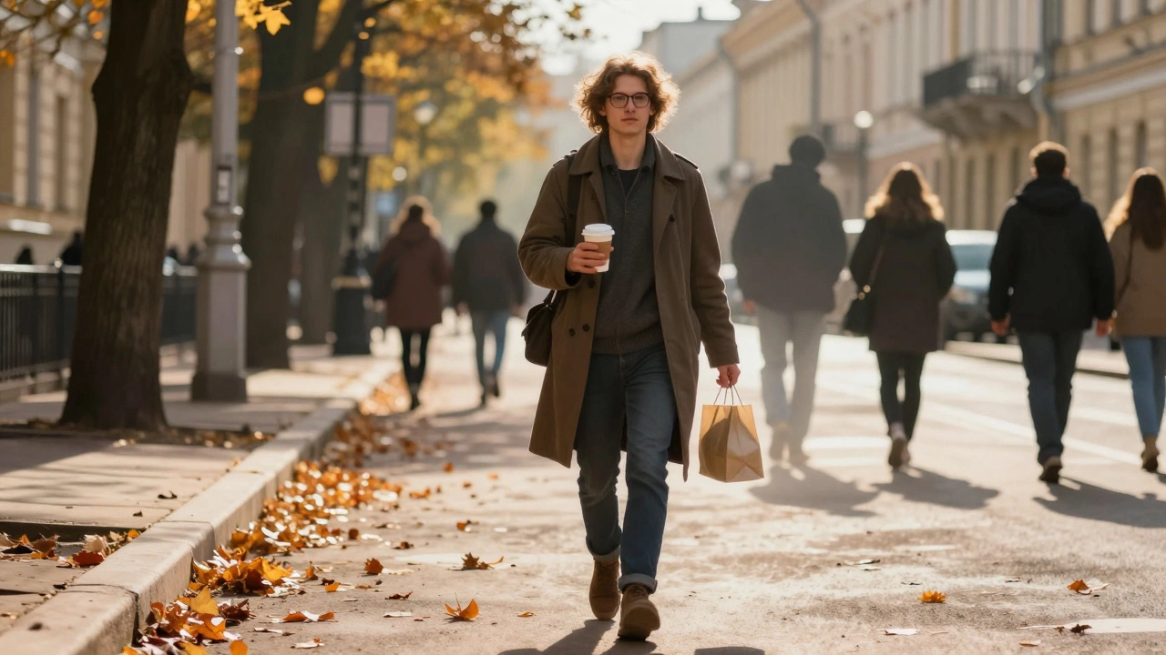 Человек идёт по улице Санкт-Петербурга, солнечный свет, за спиной исчезает тень прошлого себя.