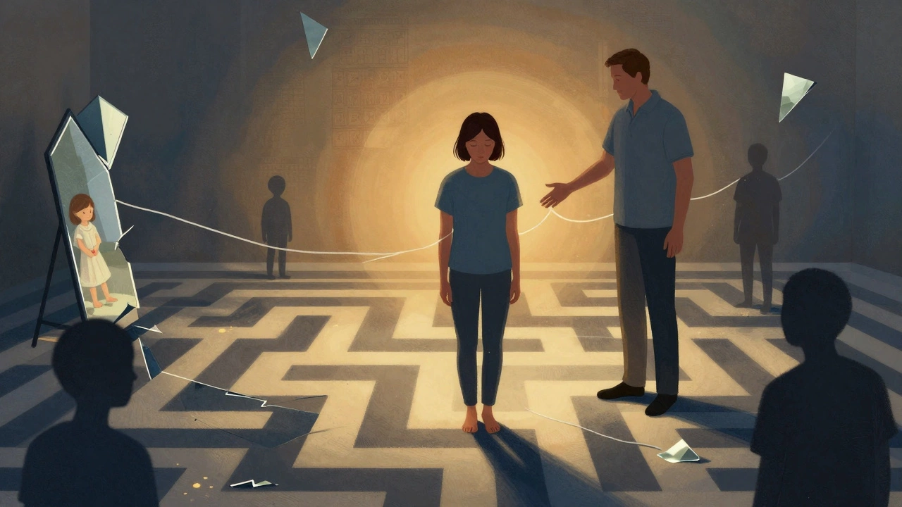 Человек проходит через лабиринт воспоминаний, за ним — психотерапевт, ведущий к исцелению.