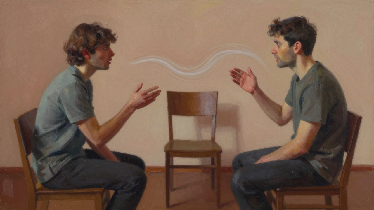Два человека в комнате, один говорит к пустому стулу, как к внутреннему критику, эмоции видны как волны.