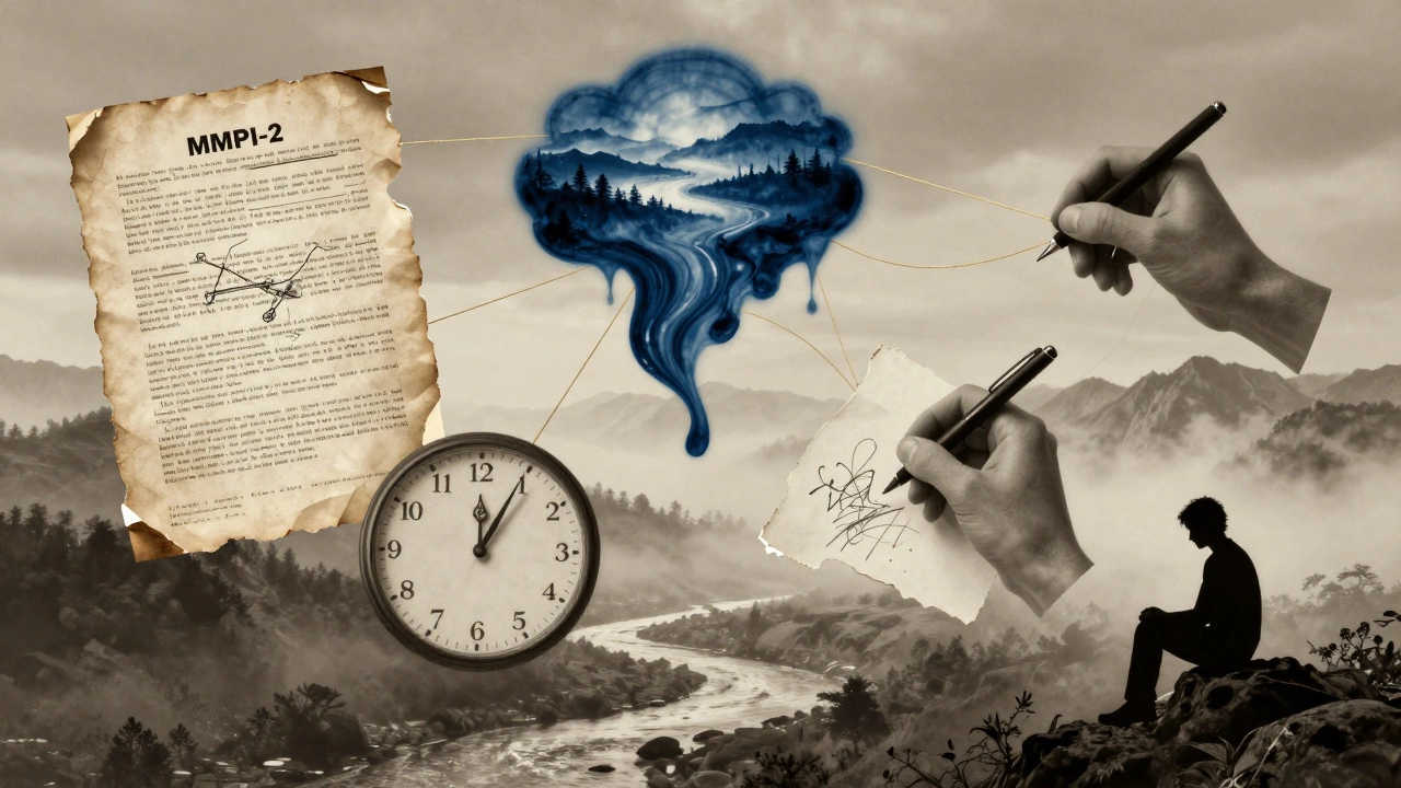 Фрагменты психологических тестов и символов соединяются, как кусочки старой карты, в виде сюрреалистичной композиции.