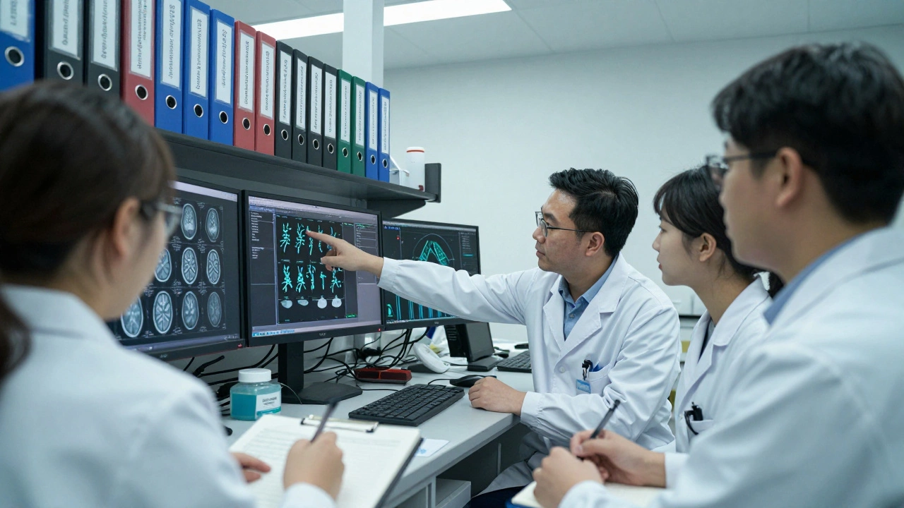 Клинические психологи анализируют данные нейровизуализации в научной лаборатории.