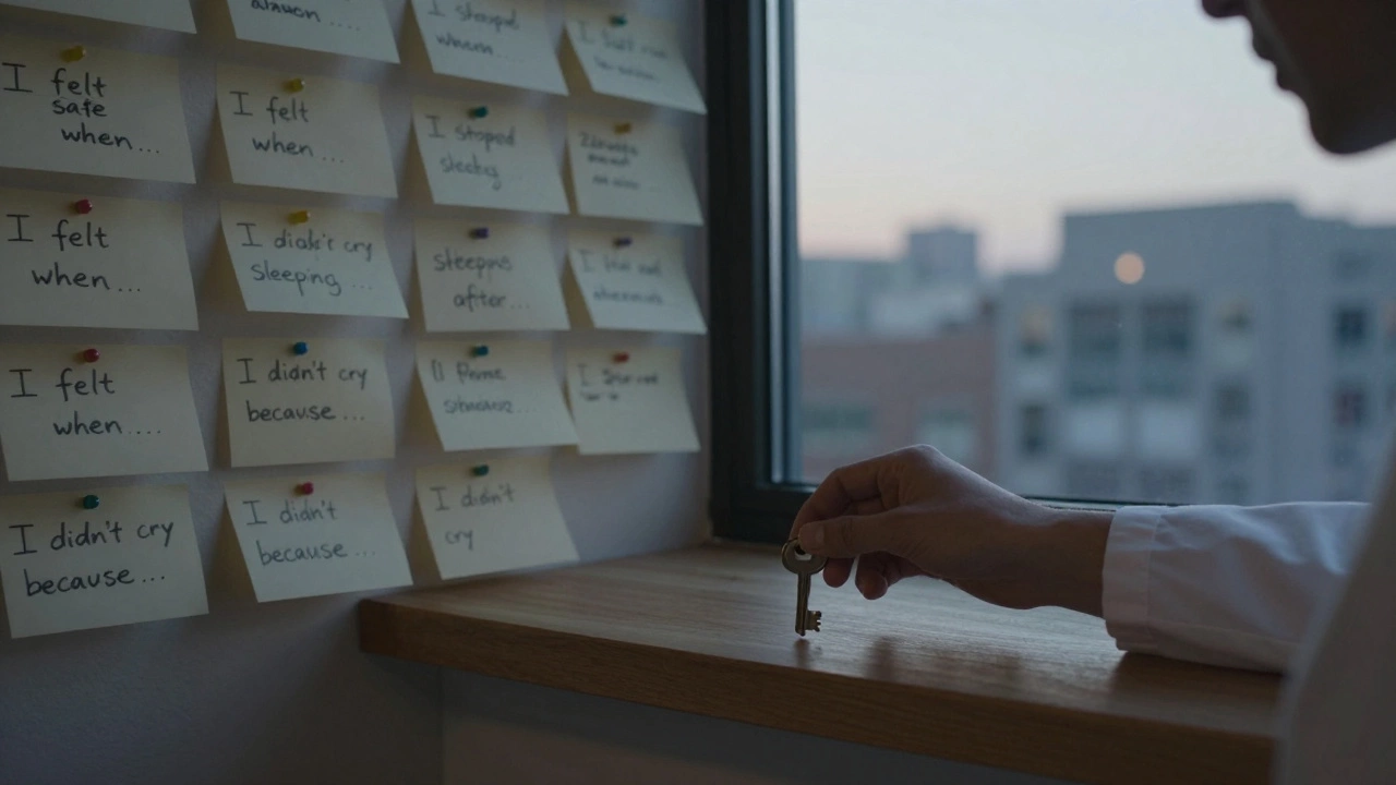 Ключ на подоконнике у окна с городом на рассвете, за ним стена с записями из терапевтических сессий.