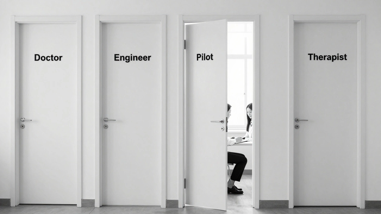 Коридор дверей с профессиями, последняя дверь ведет к психологу на терапии.