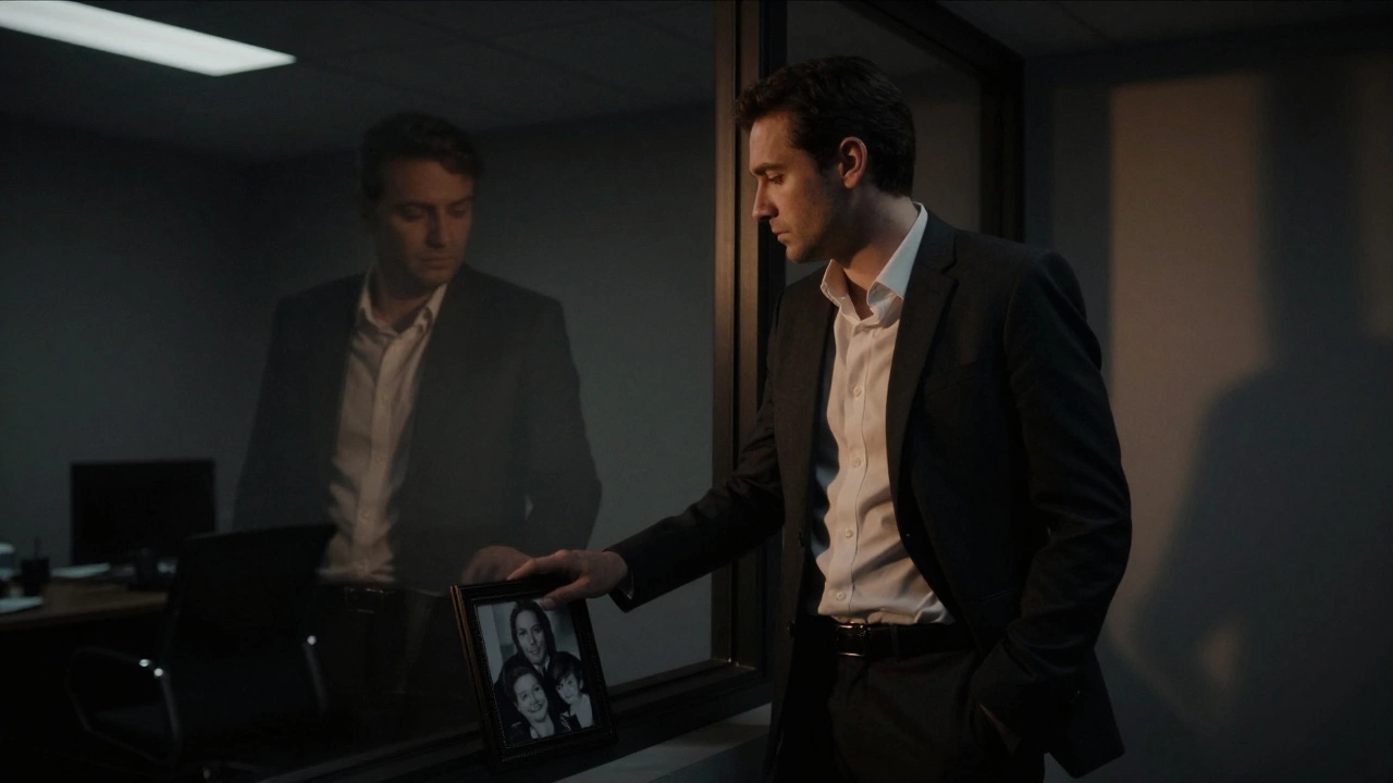 Мужчина в костюме смотрит на своё отражение в темном окне офиса, рядом фото семьи.