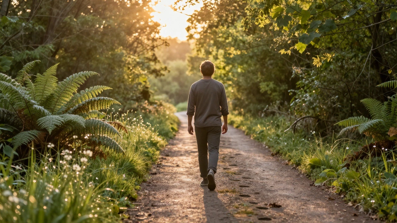 Поход по лесной тропинке на закате