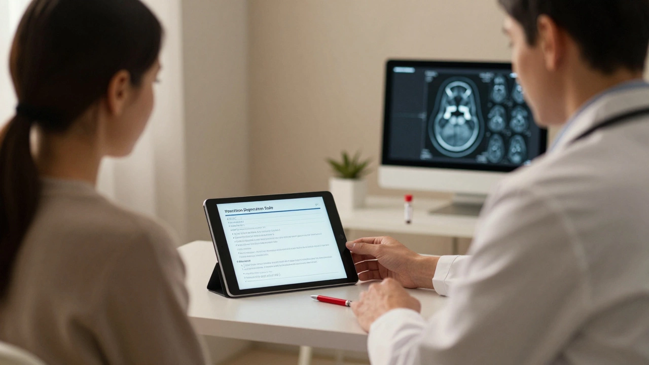 Психиатр слушает пациента в кабинете, на столе — анализ крови и экран с МРТ мозга.