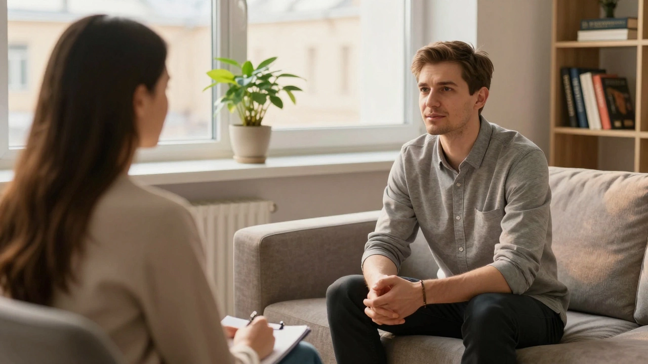 Психолог и клиент сидят на диване, внимательно разговаривая в уютной обстановке.