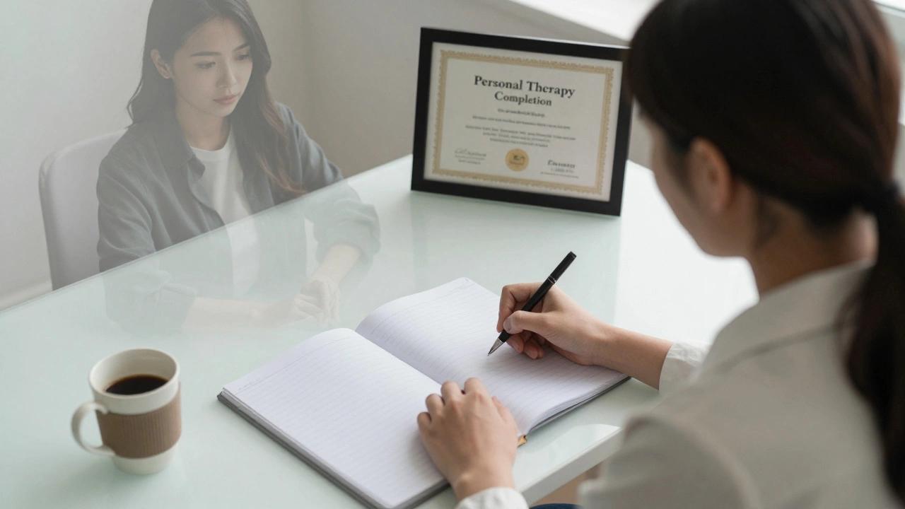 Психолог за столом, с отражением себя как будто в зеркале, в процессе внутренней работы.