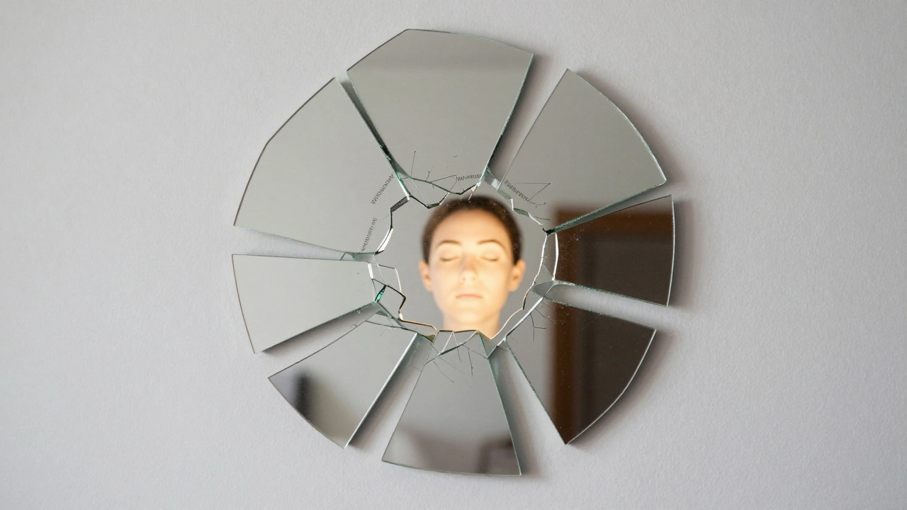 Разбитое зеркало отражает разные стороны жизни человека, одна часть светится — символ внутреннего восстановления.