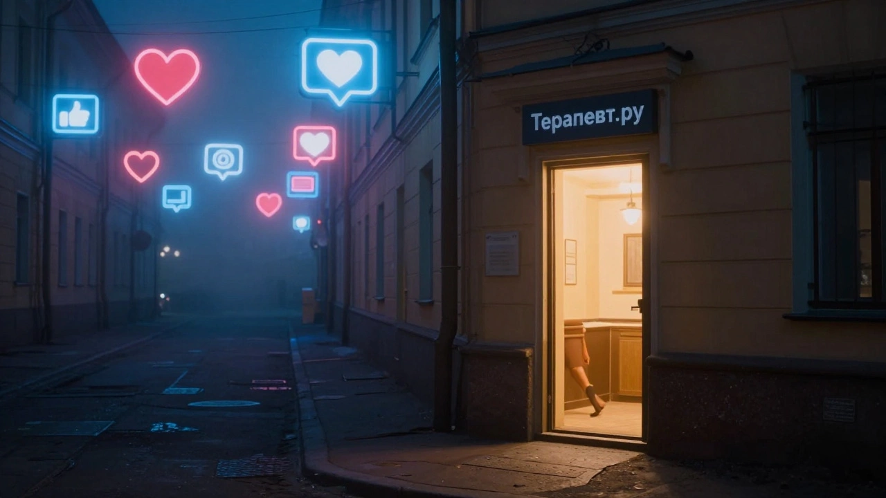 Туманная улица Санкт-Петербурга, одна дверь с названием 'Терапевт.ру' светится в темноте.