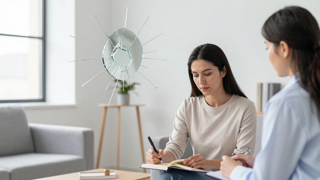 Женщина ведет дневник с терапевтом, над ними визуализированы искаженные мысли, превращающиеся в ясные.