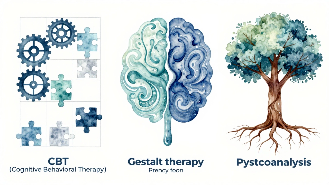 Абстрактная иллюстрация различных методов психотерапии: КПТ, Гештальт и психоанализ