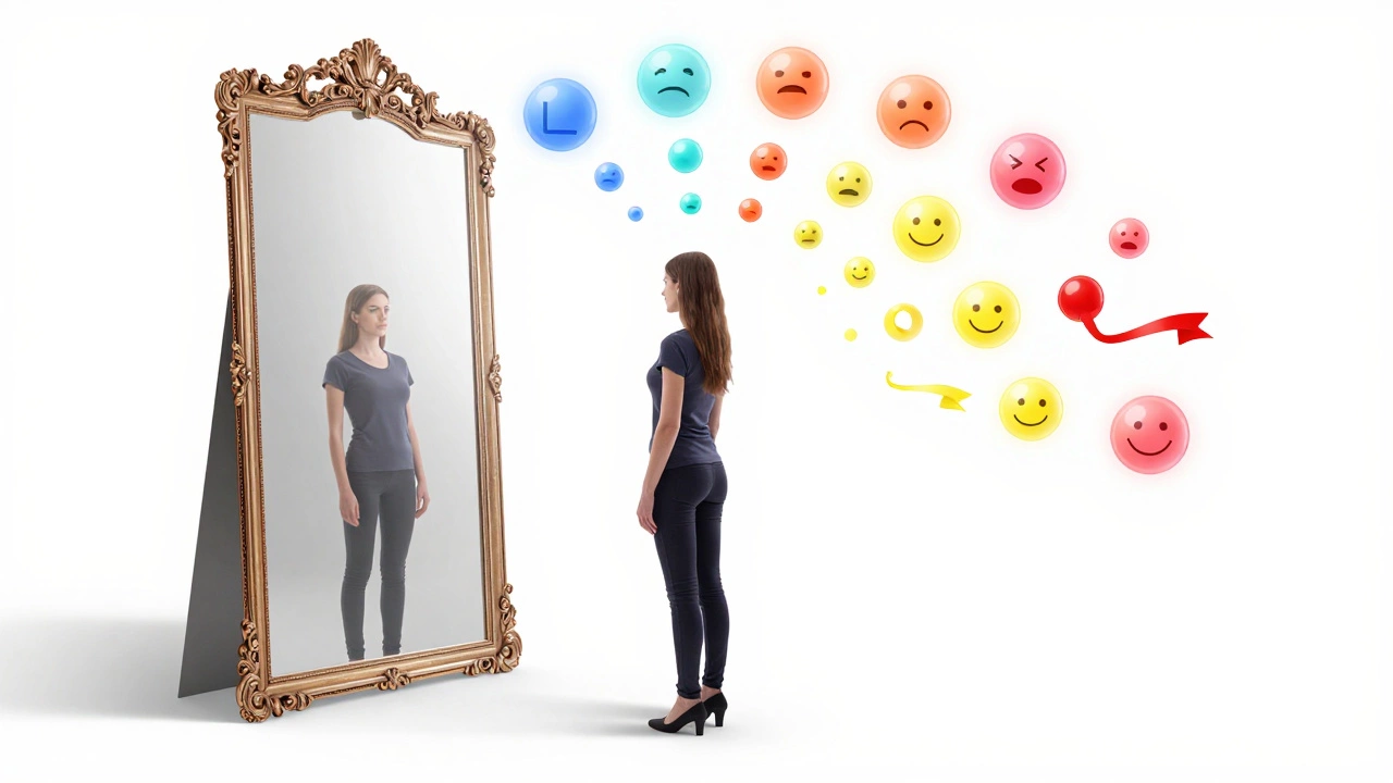 Человек перед зеркалом, символизирующим рефлексию и эмоциональный интеллект