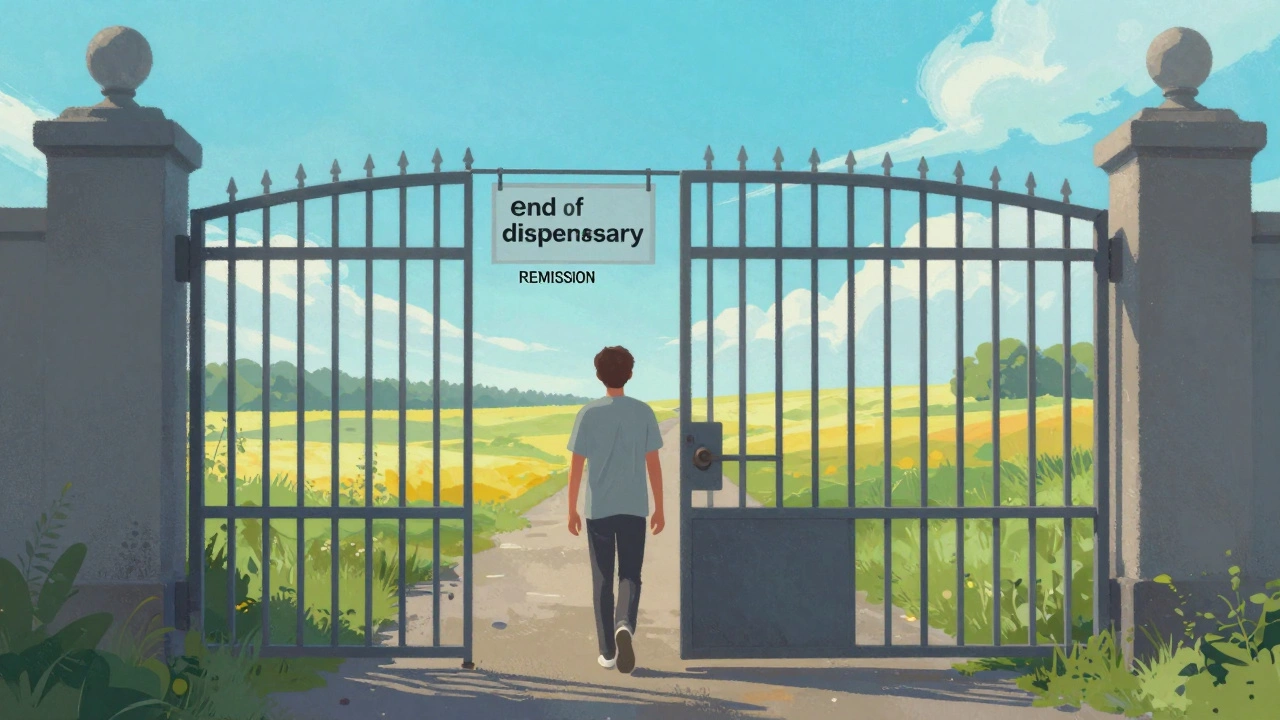 Человек уходит от серых ворот в сторону яркого солнечного пейзажа, символизируя выздоровление