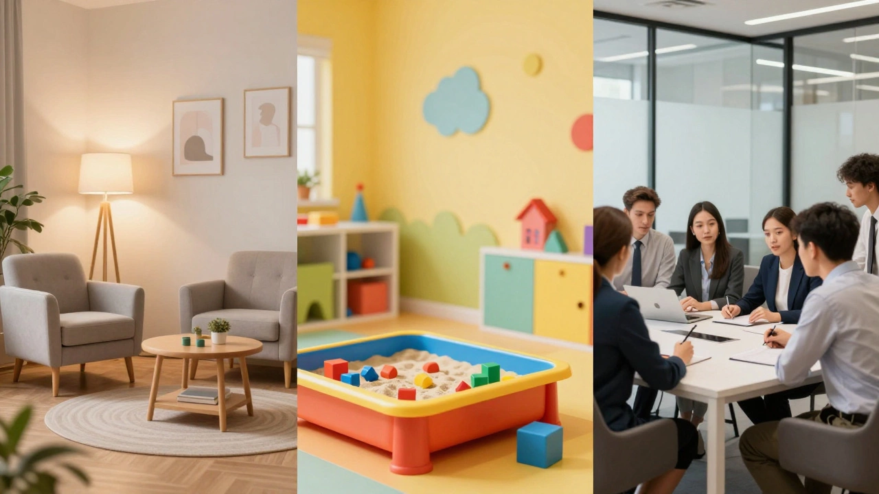 Коллаж из кабинета терапевта, детской игровой комнаты и современного офиса