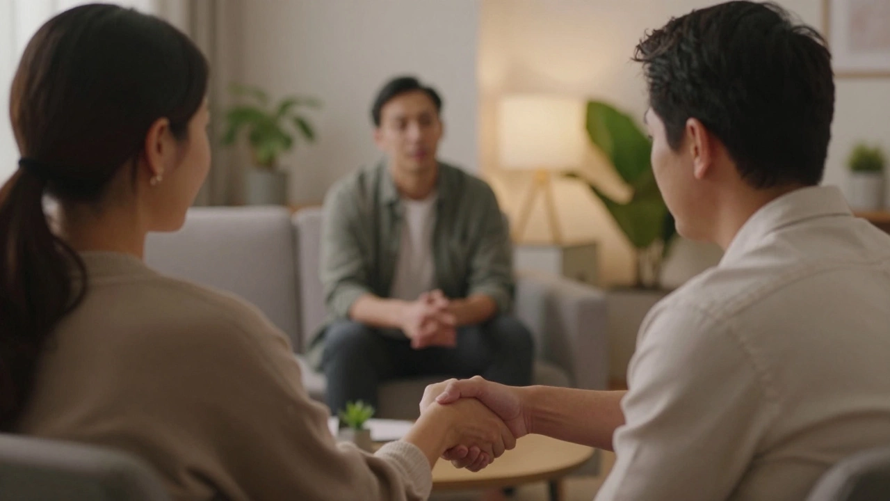 Процесс доверительного общения между психологом и клиентом в уютном кабинете.