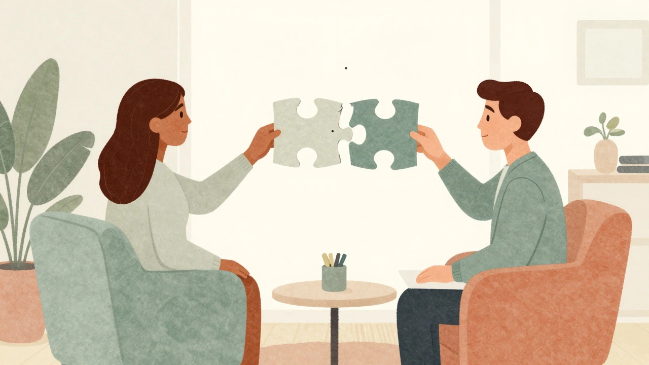 Процесс психотерапии в уютном кабинете с метафорой сборки пазла