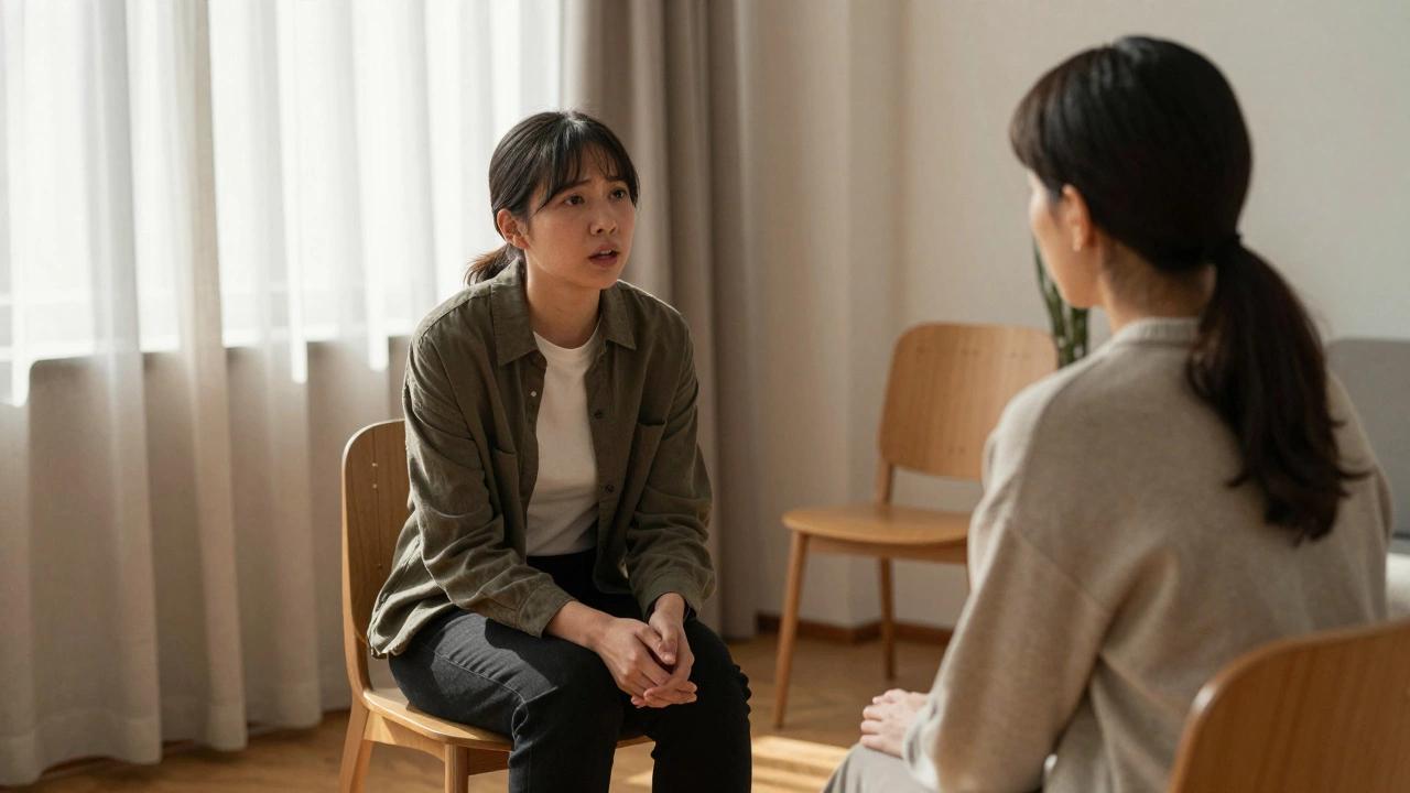 Сессия гештальт-терапии с использованием техники пустого стула в уютном кабинете