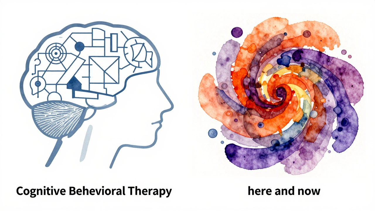 Сравнение методов КПТ и гештальт-терапии через абстрактные образы логики и эмоций.