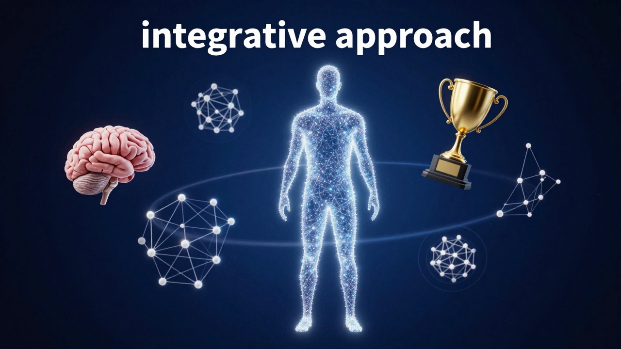 Стилизованный силуэт человека, окруженный символами разных направлений психологии