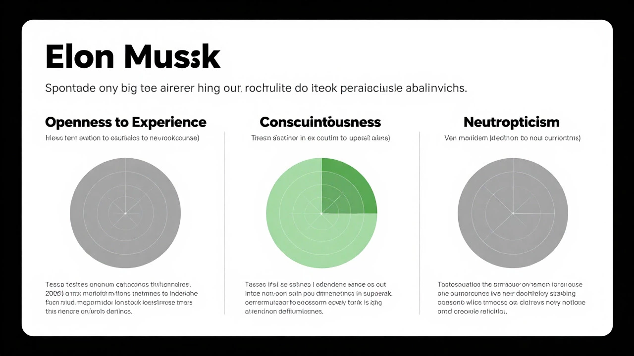 Psychological profile chart displaying Elon Musk's scores on the Big Five personality traits, emphasizing his extreme openness, pragmatism, and disciplined execution of goals.