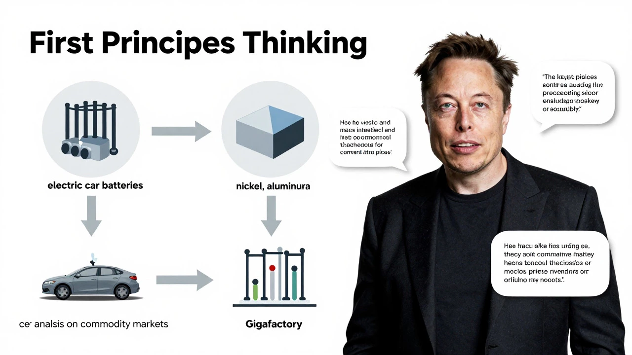 Visual guide illustrating Elon Musk's First Principles Thinking method, showing the breakdown of complex problems like battery costs into fundamental materials and market values to innovate solutions.