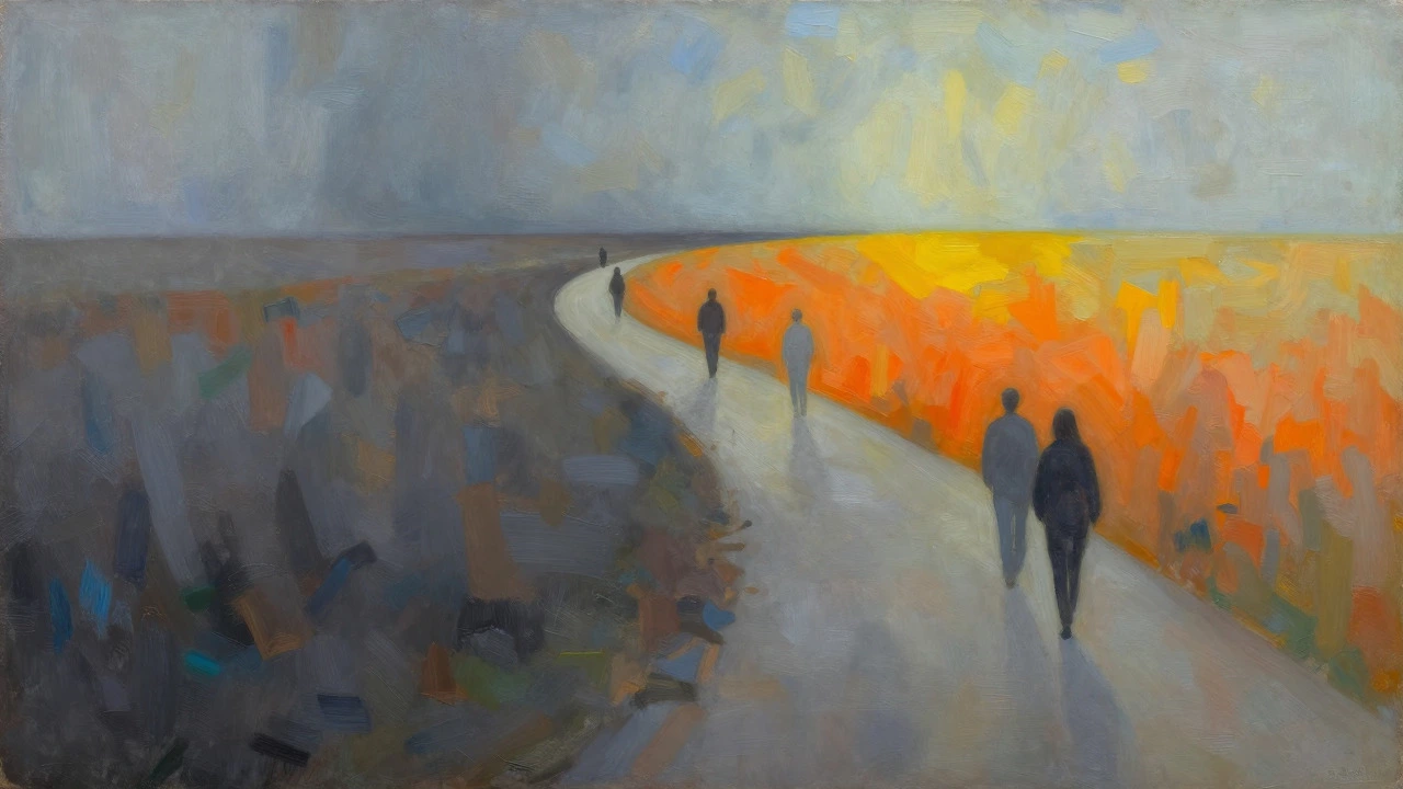 Abstract painting of a winding path transitioning from dark storms to a bright horizon