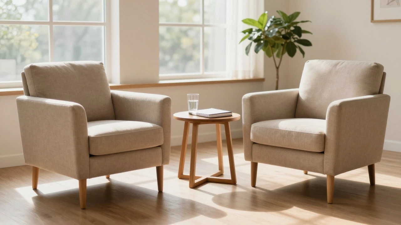 Cozy therapy office with two armchairs facing each other in soft natural light