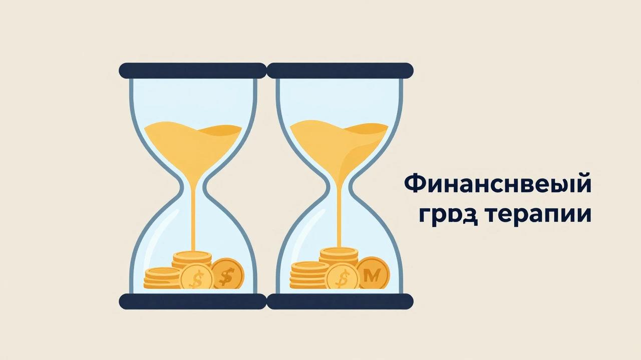 Векторная графика песочных часов с монетами, символизирующая финансовую нагрузку при длительной терапии
